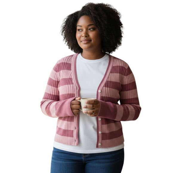 Ribbed Striped V-Neck Button Cardigan Pink Mauve Size L Knit Cropped Sweater - Picture 2 of 8